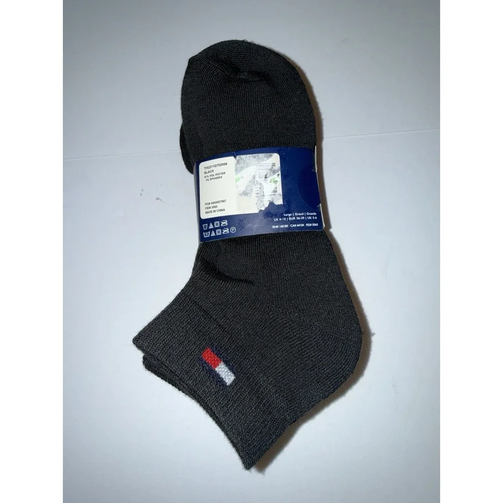 Tommy Hilfiger Boys 6 Pack Quarter Socks Black Large Cushioned Logo Kids NWT